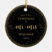 1e Kerstmis Mr en Mrs Gold Glitter Krans Foto Keramisch Ornament (Voorkant)