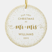 1e Kerstmis Mr en Mrs Gold Glitter Krans Foto Keramisch Ornament (Voorkant)