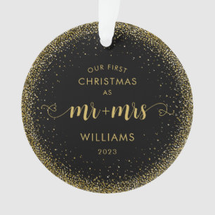 1e Kerstmis Mr en Mrs Gold Glitter Krans Foto Ornament