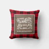 1e Kerstmis Mr. Mevrouw Foto Jute Buffalo Plaid Kussen (Voorkant)