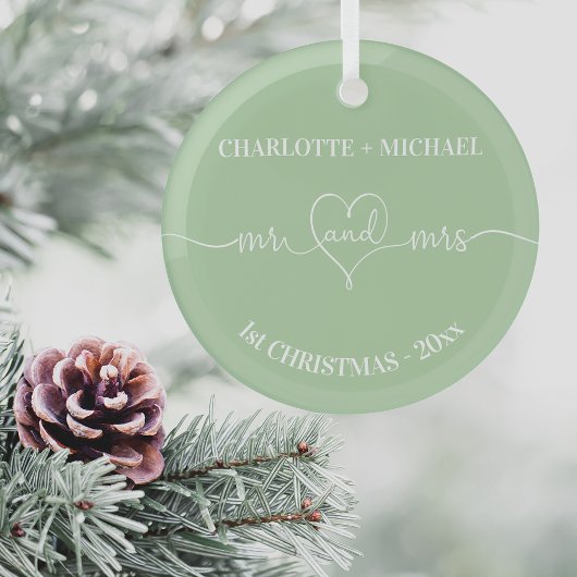 1e Kerstmis pasgetrouwden namen hart salie groen Glas Ornament