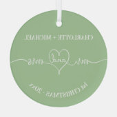 1e Kerstmis pasgetrouwden namen hart salie groen Glas Ornament (Achterkant)