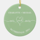1e Kerstmis pasgetrouwden namen hart salie groen Keramisch Ornament (Voorkant)