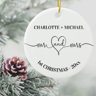 1e Kerstmis pasgetrouwden namen hart wit Keramisch Ornament