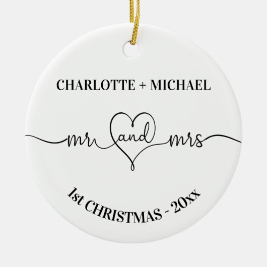 1e Kerstmis pasgetrouwden namen hart wit Keramisch Ornament (Voorkant)