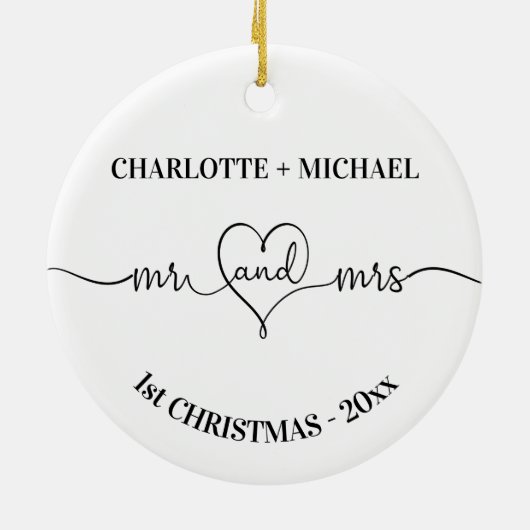 1e Kerstmis pasgetrouwden namen hart wit Keramisch Ornament (Achterkant)