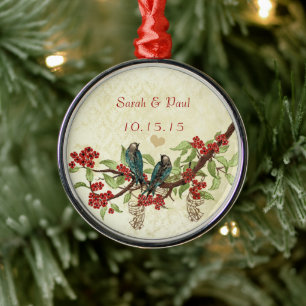 1e kerstmis Rode Bloemen Vintage Liefdes vogels Metalen Ornament