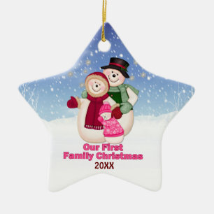 1e Kerstmis roze Frosty Snowman Familie Keramisch Ornament