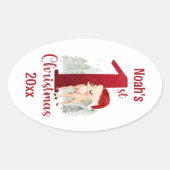 1e Kerstmis Schattige Herten Santa Hoed Baby Boy Ovale Sticker (Voorkant)