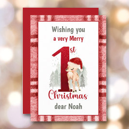 1e Kerstmis Schattige Herten Santa Hoed Plaid Feestdagenkaart