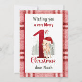 1e Kerstmis Schattige Herten Santa Hoed Plaid Feestdagenkaart (Voorkant)