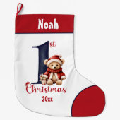 1e Kerstmis Teddybeer Baby Boy Navy Rode Naam Grote Kerstsok (Voorkant)