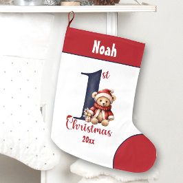 1e Kerstmis Teddybeer Baby Boy Navy Rode Naam Grote Kerstsok