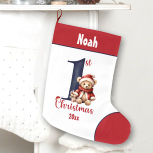 1e Kerstmis Teddybeer Baby Boy Navy Rode Naam Grote Kerstsok
