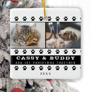 1e Kerstmis Together Cat Dog Paw 2 Foto Keramisch Ornament