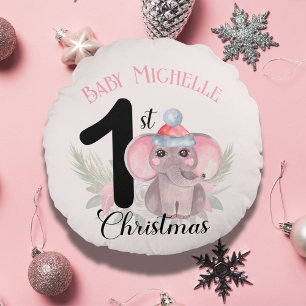 1e Kerstmis van de baby meisje Roze Olifant Naam Rond Kussen