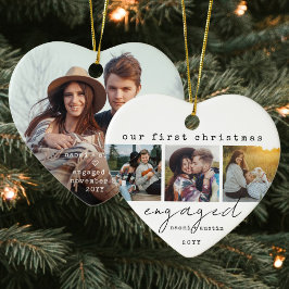1e Kerstmis Verloofd Minimaal Uniek 4 Foto Hart Keramisch Ornament