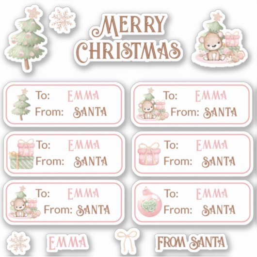1e kerstnaam roze labels kus gesneden Stickers (Voorkant)