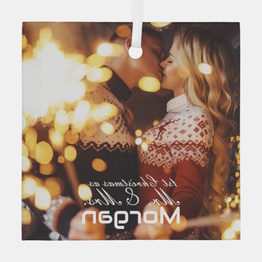 1e Kerstpaar Glazen Vierkant Ornament (Achterkant)