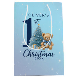1e Kerstteddybeer met blauwe boom Medium Cadeauzakje