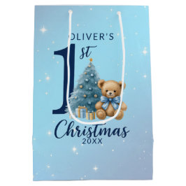 1e Kerstteddybeer met blauwe boom Medium Cadeauzakje