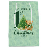 1e Kerstteddybeer met groene boom Medium Cadeauzakje (Voorkant)