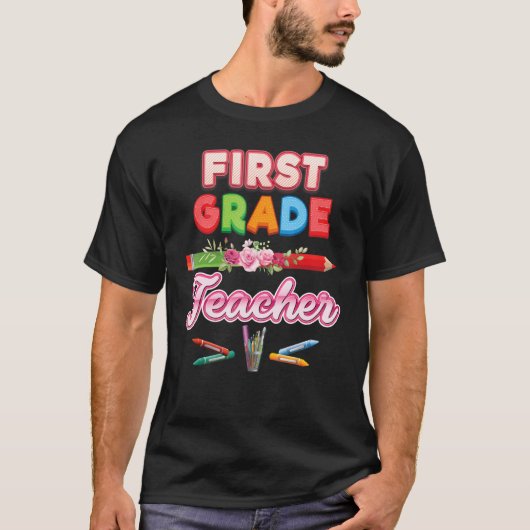 1e klas leraar eerste potlood bloemenbloem terug t-shirt (Voorkant)