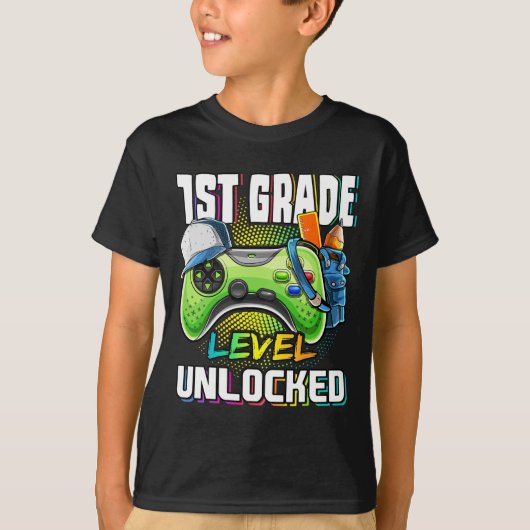 1e klas niveau ontgrendeld videogame CK naar schoo T-shirt (Voorkant)
