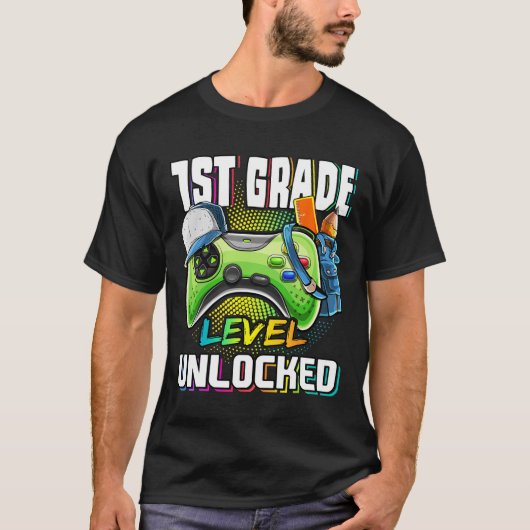 1e klas niveau ontgrendeld videogame CK naar schoo T-shirt (Voorkant)