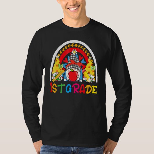 1e klas regenboog kabouters gelukkig eerste dag va t-shirt (Voorkant)