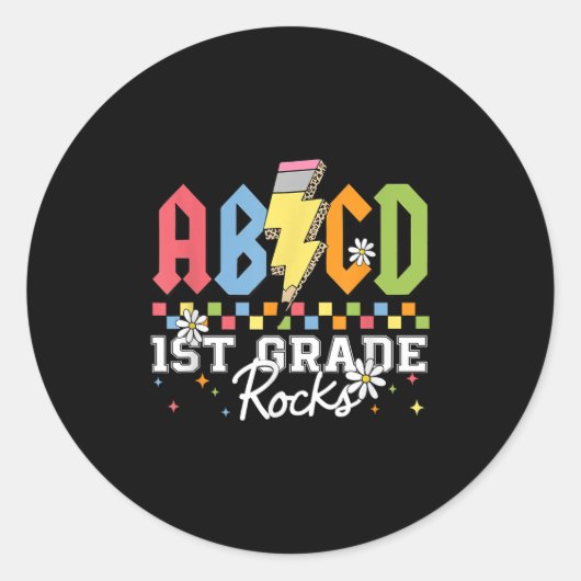 1e klas Rocks ABCD terug naar school grappige Rock Ronde Sticker (Voorkant)