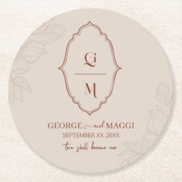 1e Letters Bruid, bruidegom met Magnolia Line Art Ronde Kartonnen Onderzetter