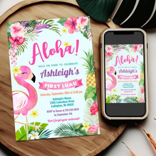 1e Luau Verjaardag Tropische Zomeruitnodiging Kaart