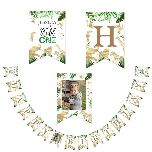 1e Meisje Jongen Safari Een Wilde Verjaardag Foto Vlaggetjes