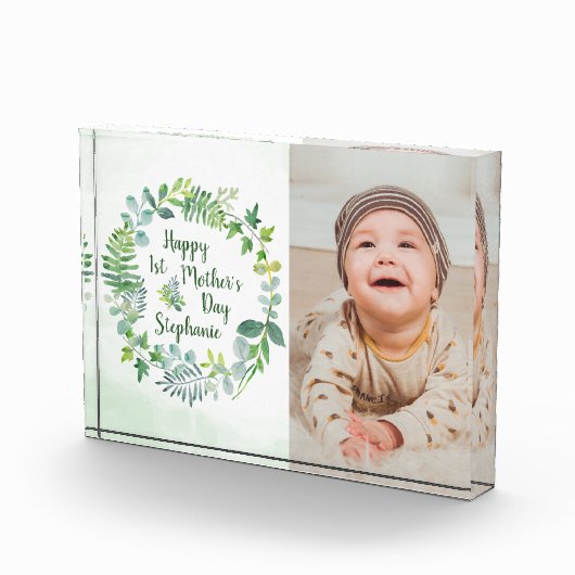 1e Moederdag Greenery Wreath gepersonaliseerd Fotoblokken (Rechts)