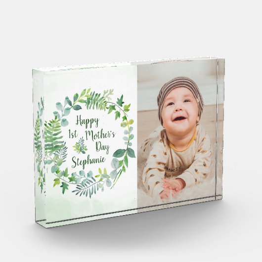 1e Moederdag Greenery Wreath gepersonaliseerd Fotoblokken (Links)