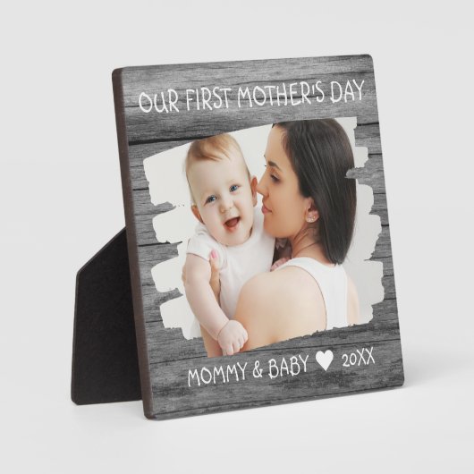 1e Moederdag Mam Baby Foto Keepomwille Gray Wood Fotoplaat (Voorkant)