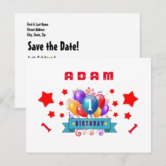 1e Opslagdatum Verjaardagsballonnen en Sterren S01 Aankondigingskaart (Voorkant / Achterkant)