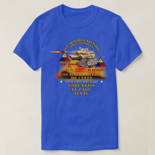 1e Pantserdivisie Ft Bliss TX M1 M2 w Fire X T-shirt (Design voorkant)