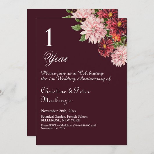 1e Papier Trouwen Jubileum Bourgogne Bloemen Kaart (Voorkant / Achterkant)