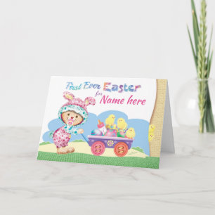 1e Pasen, Baby Meisje, Woolly Bunny met Eieren Feestdagen Kaart