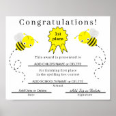 1e plaats Spelling Bee Certificaat voor Kinderen Poster (Voorkant)