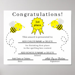 1e plaats Spelling Bee Certificaat voor Kinderen Poster