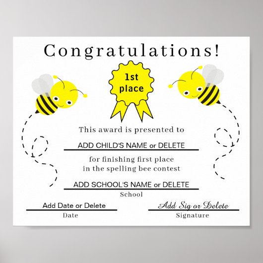 1e plaats Spelling Bee Certificaat voor Kinderen Poster (Voorkant)