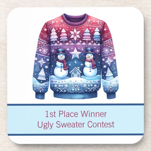 1e plaats Winnaar Ugly Sweater Blauw Rood Paarse Bier Onderzetter (Voorkant)