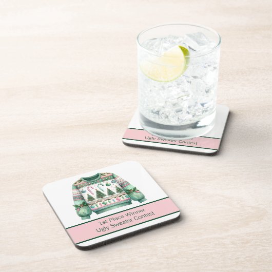 1e plaats Winnaar Ugly Sweater Contest Groen Roze Bier Onderzetter (Rechterzijde)