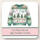 1e plaats Winnaar Ugly Sweater Contest Groen Roze Bier Onderzetter (Voorkant)