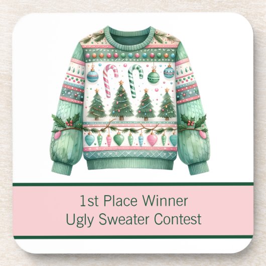 1e plaats Winnaar Ugly Sweater Contest Groen Roze Bier Onderzetter (Voorkant)