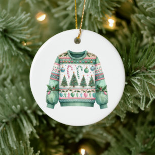 1e plaats Winnaar Ugly Sweater Contest Groen Roze Keramisch Ornament