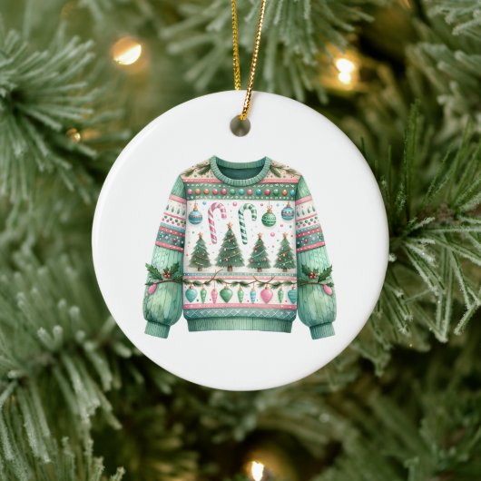 1e plaats Winnaar Ugly Sweater Contest Groen Roze Keramisch Ornament (Boom)